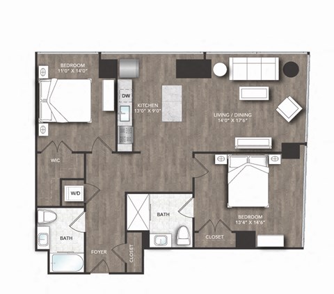 Floor plan for 2 beds, 2 baths, 1119 sqft