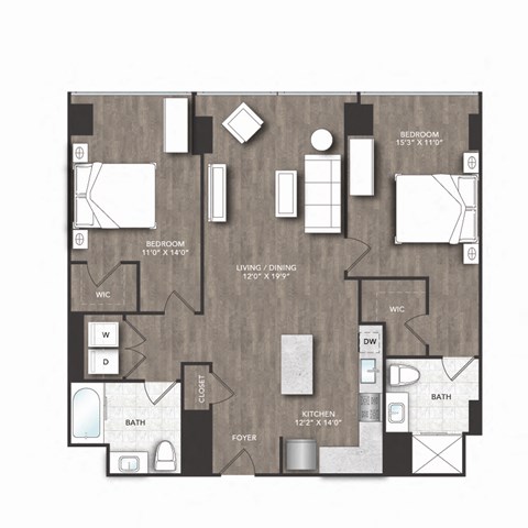 Floor plan for 2 beds, 2 baths, 1135 sqft