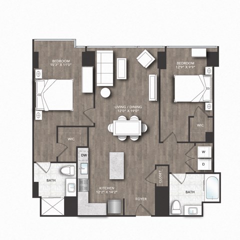 Floor plan for 2 beds, 2 baths, 1108 sqft