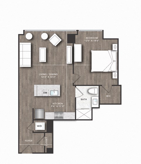 Floor plan for 1 bed, 1 bath, 742 sqft