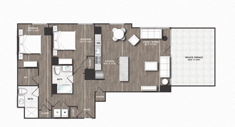 Floor plan for 2 beds, 2 baths, 1296 sqft