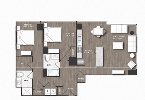 Floor plan for 2 beds, 2 baths, 1296 sqft