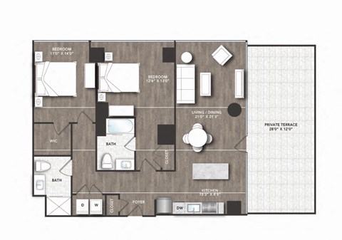 Floor plan for 2 beds, 2 baths, 1127 sqft