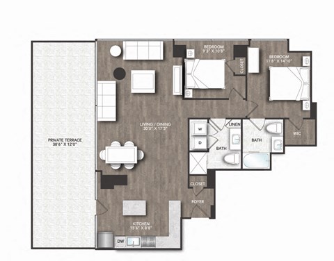 Floor plan for 2 beds, 2 baths, 1288 sqft