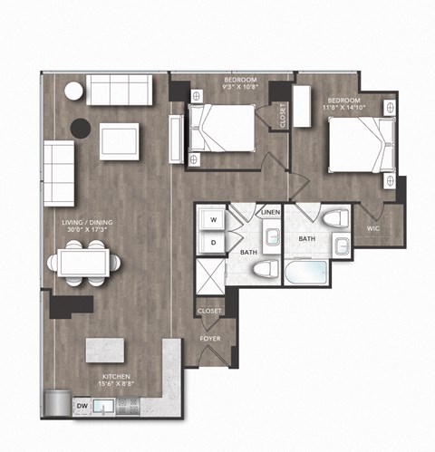 Floor plan for 2 beds, 2 baths, 1288 sqft