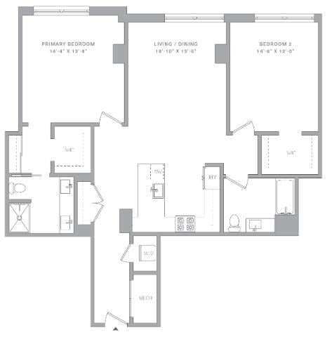 Floor plan for 2 beds, 2 baths, 1260 sqft