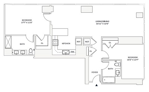 Floor plan for 2 beds, 2 baths, 1319 sqft