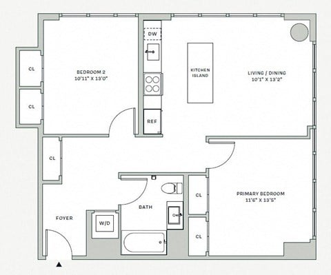 Floor plan for 2 beds, 1 bath, 906 sqft