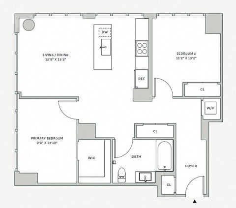 Floor plan for 2 beds, 1 bath, 932 sqft