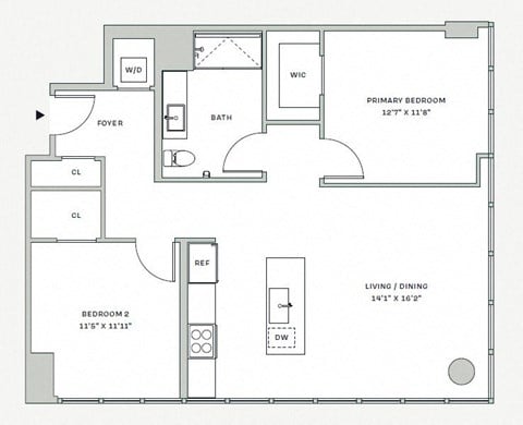 Floor plan for 2 beds, 1 bath, 973 sqft