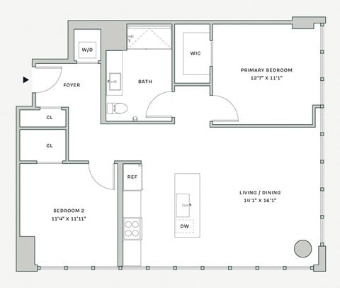 Floor plan for 2 beds, 1 bath, 966 sqft