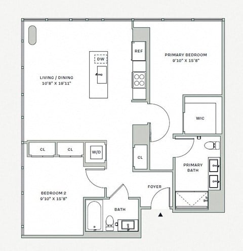 Floor plan for 2 beds, 2 baths, 1044 sqft