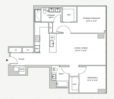 Floor plan for 2 beds, 2 baths, 1152 sqft