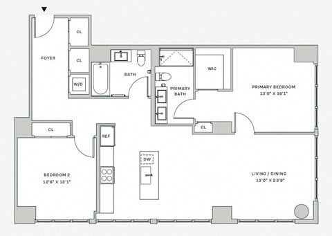 Floor plan for 2 beds, 2 baths, 1275 sqft