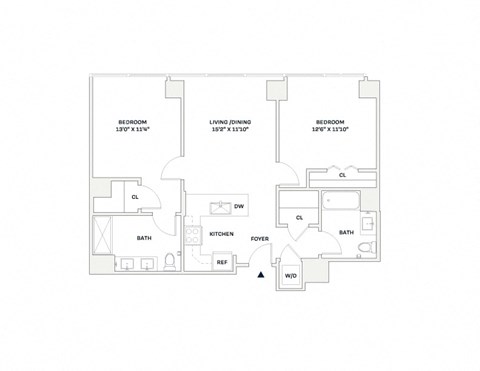 Floor plan for 2 beds, 2 baths, 930 sqft