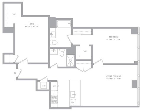 Floor plan for 1 bed, 2 baths, 1121 sqft