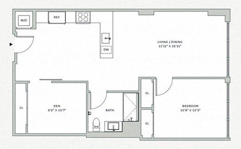 Floor plan for 1 bed, 1 bath, 890 sqft