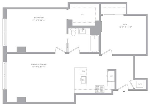 Floor plan for 1 bed, 1 bath, 1086 sqft