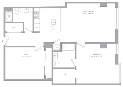 Floor plan for 1 bed, 2 baths, 1166 sqft