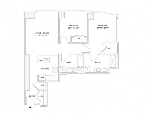 Floor plan for 2 beds, 2 baths, 1030 sqft