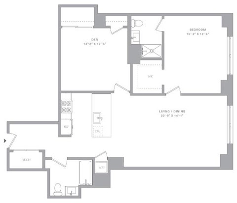Floor plan for 1 bed, 2 baths, 1142 sqft