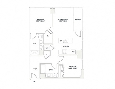 Floor plan for 2 beds, 2 baths, 1072 sqft