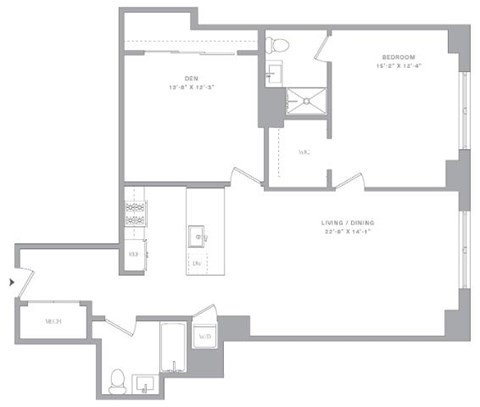 Floor plan for 1 bed, 2 baths, 1142 sqft