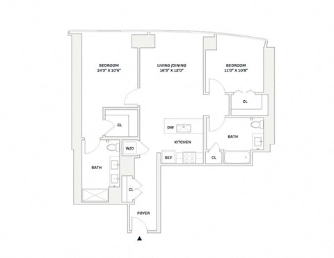 Floor plan for 2 beds, 2 baths, 1076 sqft