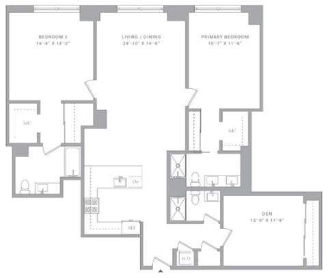 Floor plan for 2 beds, 3 baths, 1625 sqft