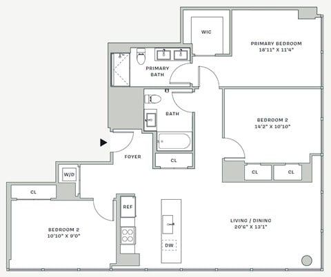 Floor plan for 3 beds, 2 baths, 1389 sqft