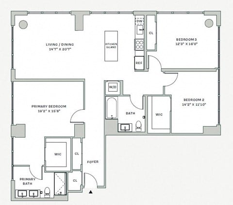 Floor plan for 3 beds, 2 baths, 1608 sqft