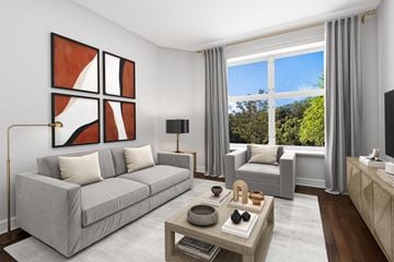 Glen Cove apartment for rent - a rendering of a living room with a couch and a coffee table