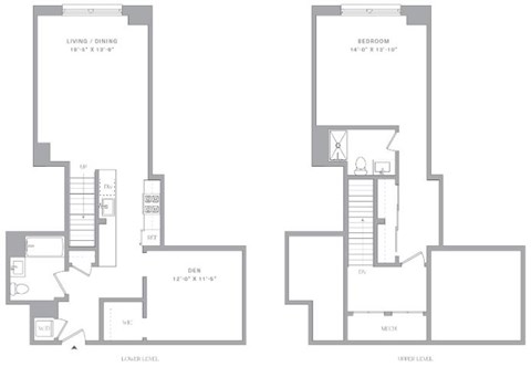 Floor plan for 1 bed, 2 baths, 1106 sqft