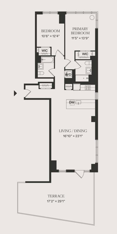 Floor plan for 2 beds, 2 baths, 1299 sqft