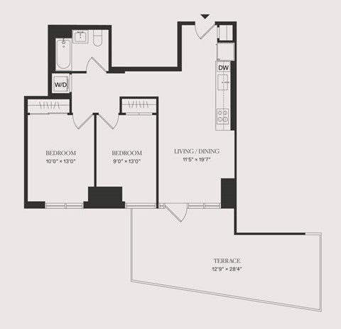 Floor plan for 2 beds, 1 bath, 842 sqft