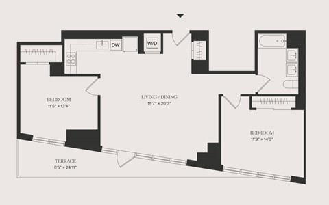 Floor plan for 2 beds, 1 bath, 980 sqft
