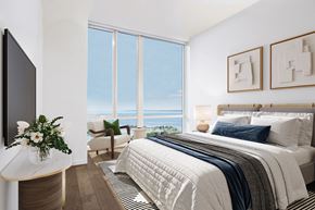 New Rochelle apartment for rent - bedroom with floor to ceiling windows and water views