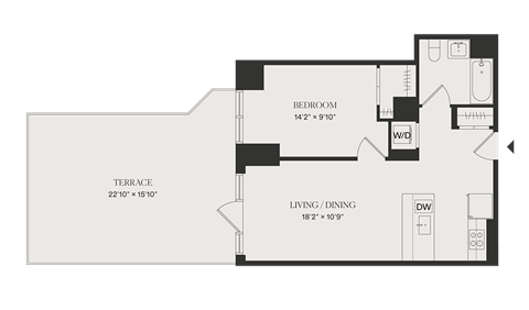 Floor plan for 1 bed, 1 bath, 645 sqft