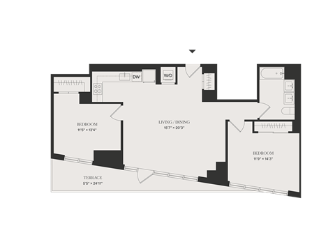 Floor plan for 2 beds, 1 bath, 980 sqft