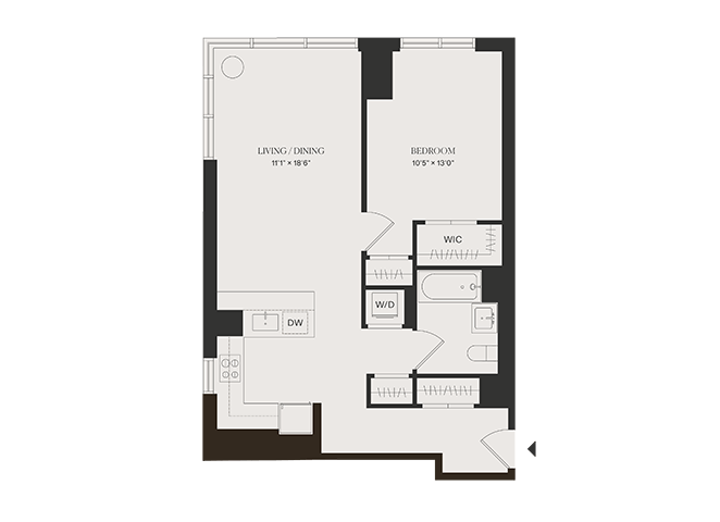 Floor plan for 1 bed, 1 bath, 731 sqft