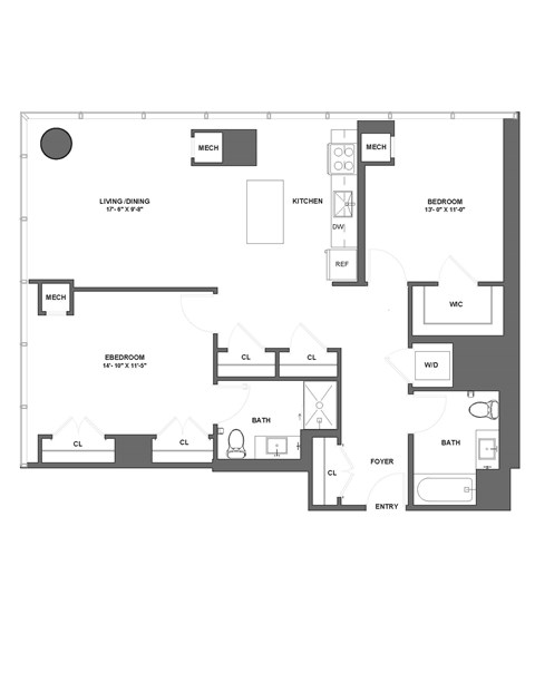 Floor plan for 2 beds, 2 baths, 1145 sqft