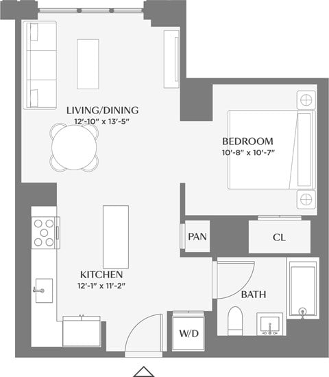 Floor plan for studio, 1 bath, 622 sqft