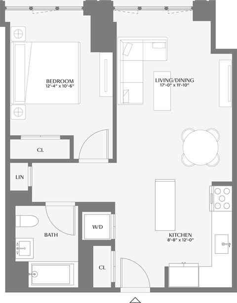 Floor plan for 1 bed, 1 bath, 702 sqft