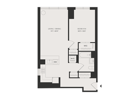 Floor plan for 1 bed, 1 bath, 599 sqft