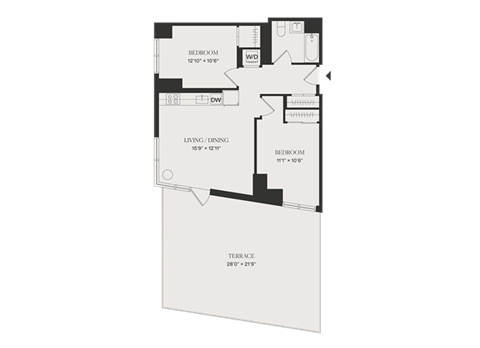 Floor plan for 2 beds, 1 bath, 799 sqft