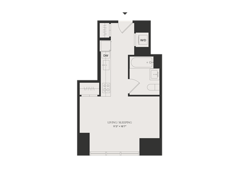 Floor plan for studio, 1 bath, 409 sqft