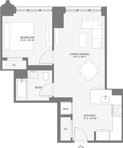 Floor plan for 1 bed, 1 bath, 640 sqft