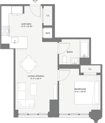 Floor plan for 1 bed, 1 bath, 646 sqft