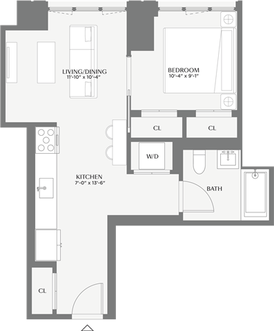 Floor plan for 1 bed, 1 bath, 558 sqft