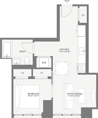 Floor plan for 1 bed, 1 bath, 574 sqft